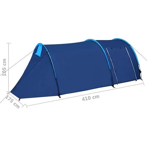Navy/light blue 4-person waterproof tunnel camping tent with vestibule and guy lines pitched outdoors