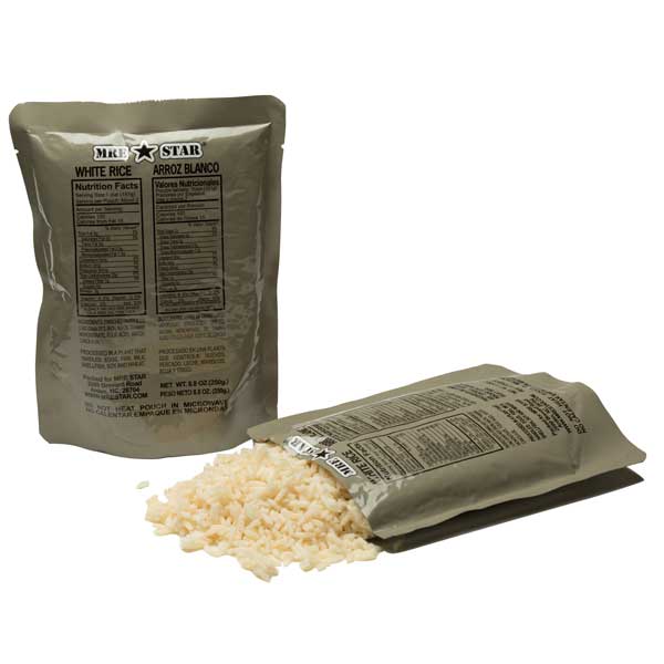 MRE (Meal, Ready to Eat) with white rice on a white background