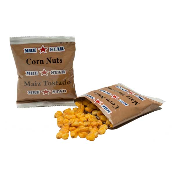 MRE Star corn nuts packaging with open bag showing yellow corn nuts on a white background