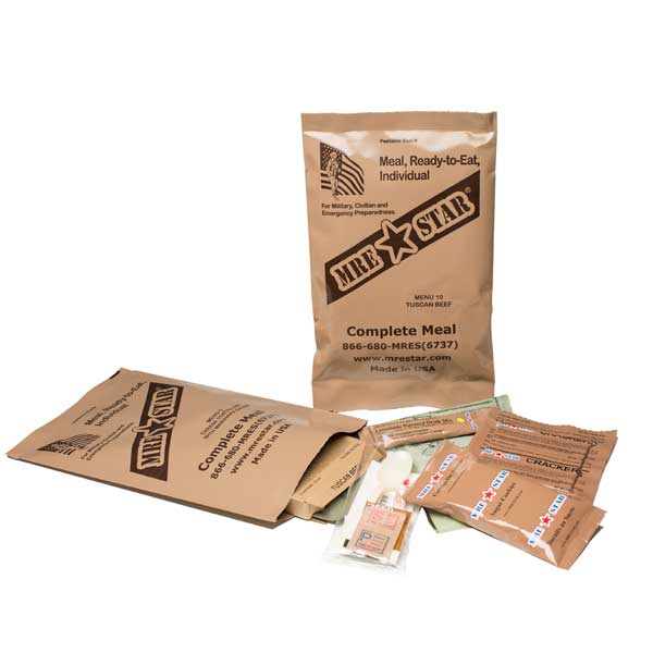 MRE Star military meal kit with components on a white background