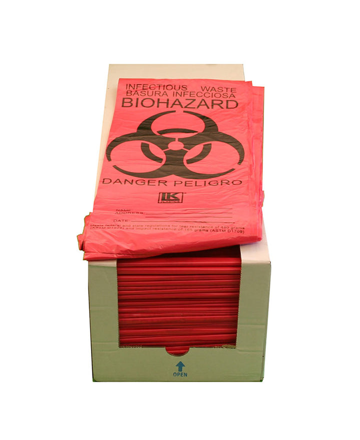 Case of 500 red biohazard infectious-waste bags with large warning symbol and text for safe disposal
