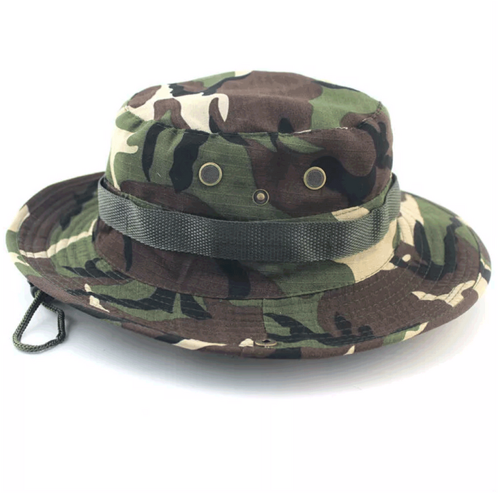 Army green camo boonie bucket hat with wide brim, vent eyelets and snap-up sides