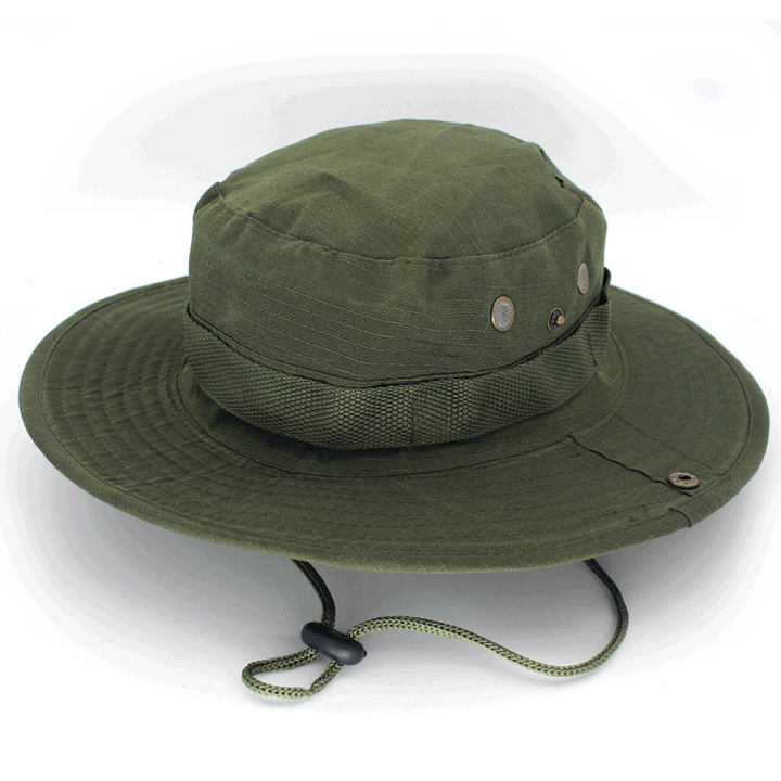 Army green boonie hat with adjustable chin cord and rugged ripstop fabric for hiking and range days