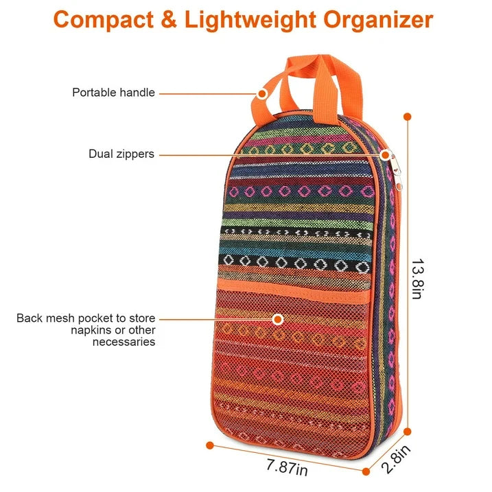 Compact orange camping utensil set carry case 13.8 x 7.87 x 2.8 inches