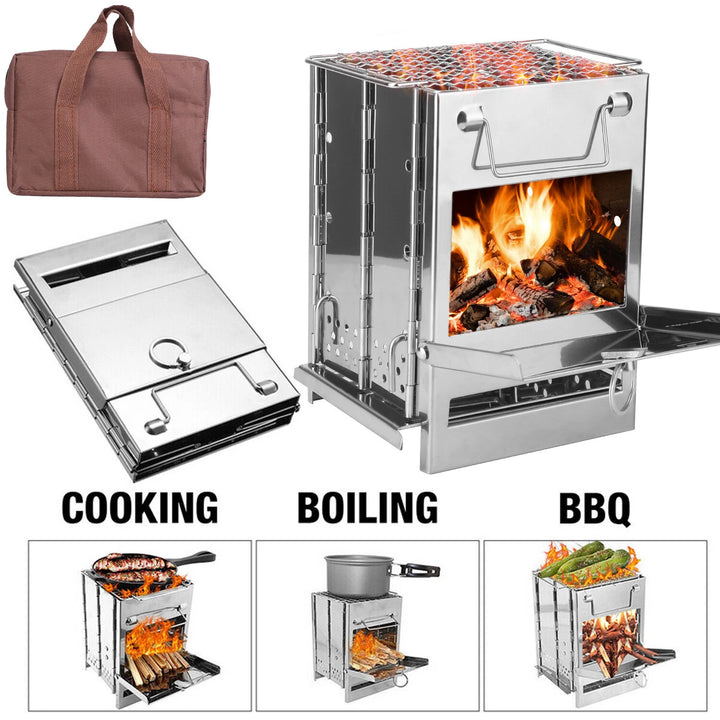 Folding camp stove shown collapsed to 8.3 by 5.5 by 1.8 inches with handle