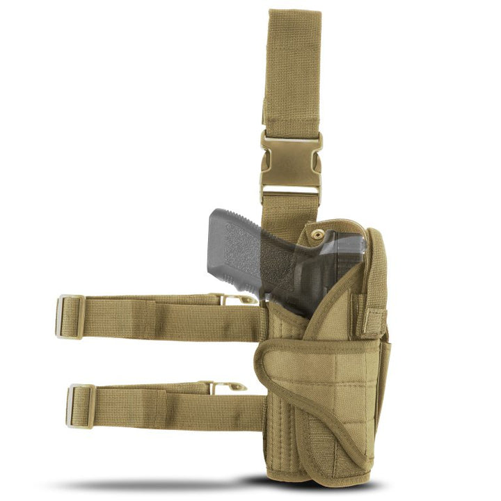 Rear view showing belt hanger, ride-height adjustment and rubberized anti-slip thigh straps on tactical drop-leg holster