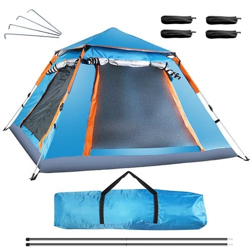 4–5 person waterproof camping tent with two mesh doors/windows, UV top canopy and carry bag shown