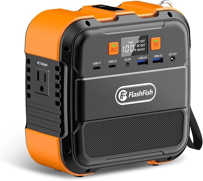 Flashfish 120W 98Wh portable power station with AC, DC, USB ports and LED display for camping and emergency backup