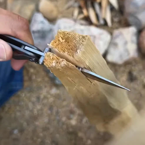 Person cutting a piece of wood with scissors against a natural background