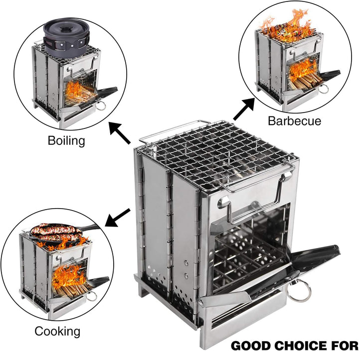 Multifunctional stove with illustrations of boiling, barbecuing, and cooking on a white background.
