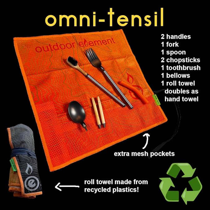 Compact Omni-Tensil kit rolled in recycled microfiber towel with tie strap
