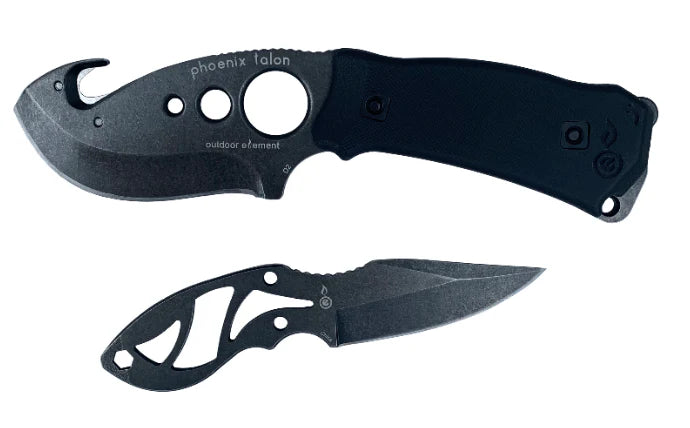 Phoenix Talon and Phoenix Feather D2 steel knives with modular Kydex sheaths and accessories