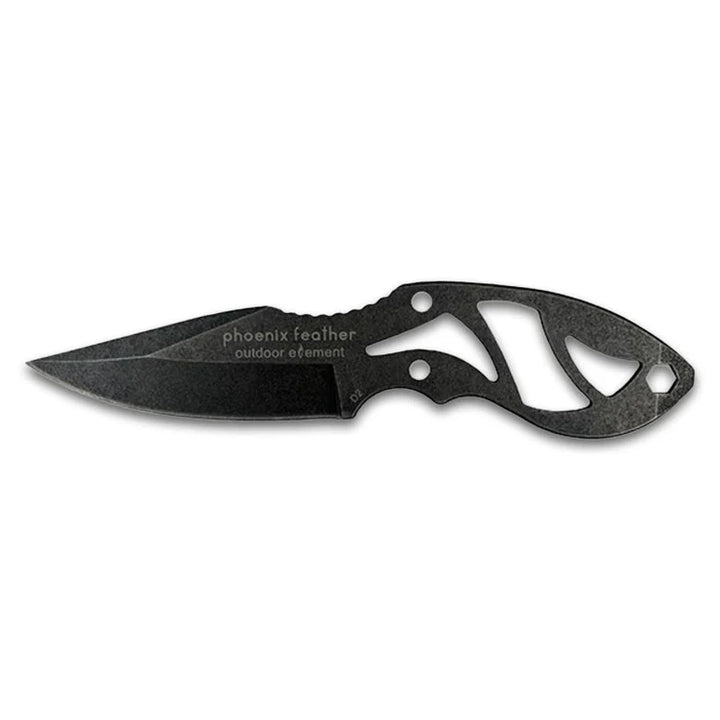 Phoenix Feather full-tang D2 steel caping knife with skeletonized handle and 1/4 inch hex driver, shown with Kydex sheath