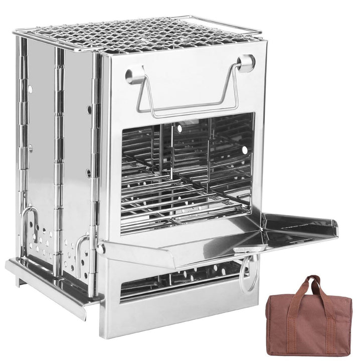 Portable stainless folding backpacking stove with grill top and carry bag
