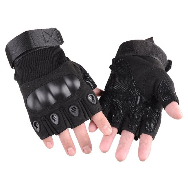 Black half-finger hard-knuckle tactical gloves with impact protection and hook-and-loop wrist closure