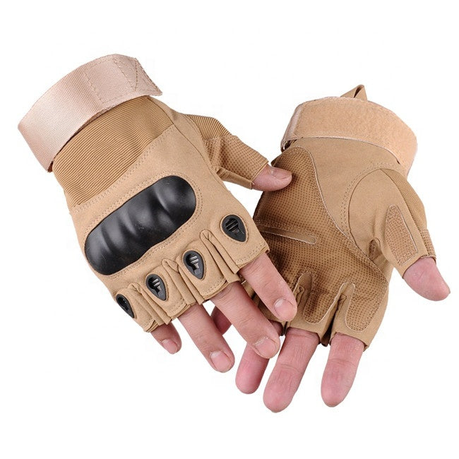 Khaki fingerless tactical gloves with reinforced knuckles and textured palm for control