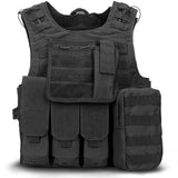 Black MOLLE plate carrier vest with 3 mag pouches, admin pocket and side medic pouch; fits 8×10 or 10×12 training plates