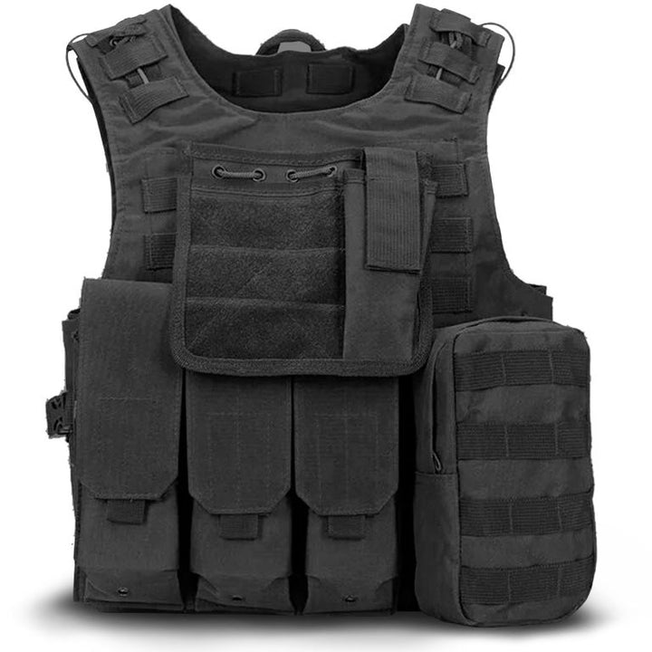 Black MOLLE plate carrier vest with 3 mag pouches, admin pocket and side medic pouch; fits 8×10 or 10×12 training plates