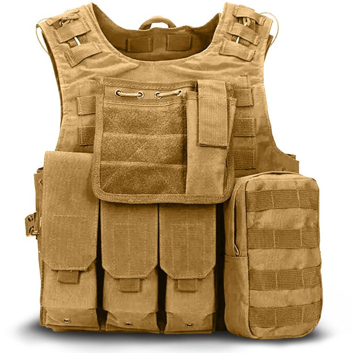 Coyote tan tactical plate carrier with MOLLE webbing and removable pouches for airsoft/paintball use, non-ballistic