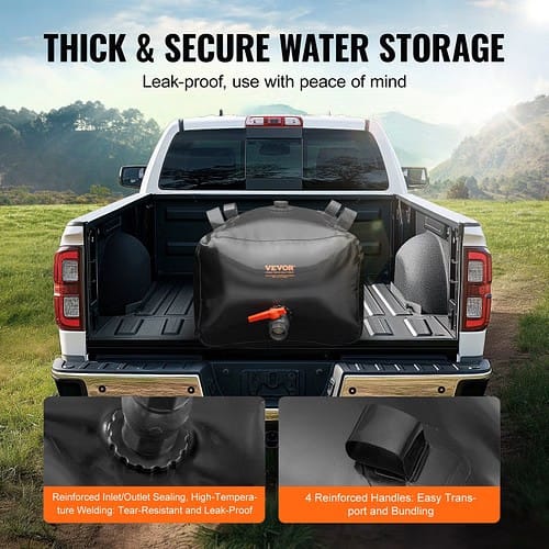 Foldable water bladder loaded in vehicle for transport
