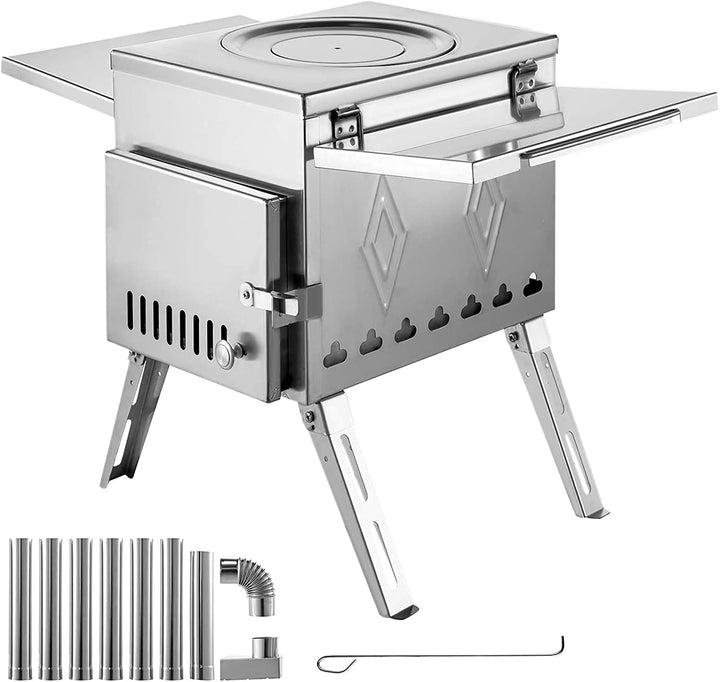 VEVOR 304 stainless tent wood stove with folding legs and side shelves