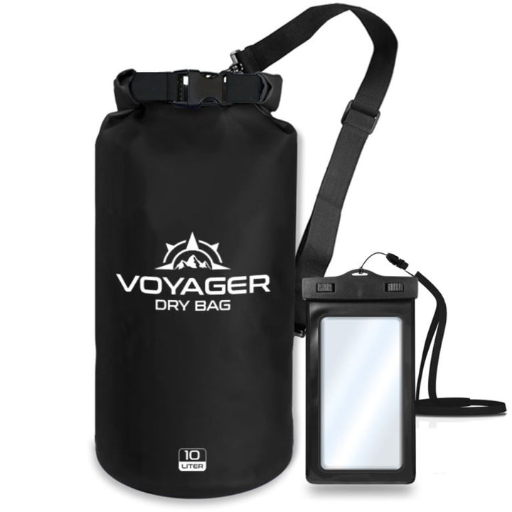 Voyager 10L waterproof roll-top dry bag with detachable shoulder strap and free IPX8 phone case for kayaking and beach trips with a black color.