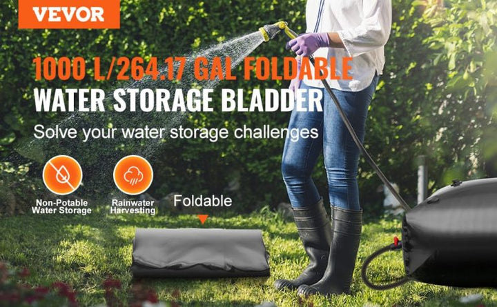Person using a VEVOR water storage bladder outdoors with text highlighting features.