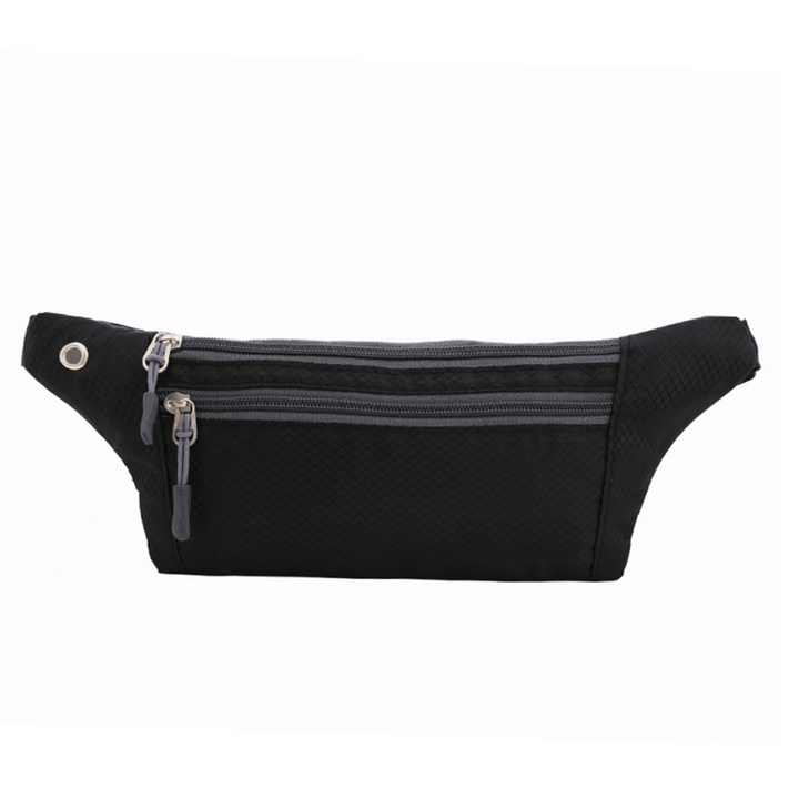 Black waterproof fanny pack with slim design, 3 zip pockets and adjustable belt for running and travel