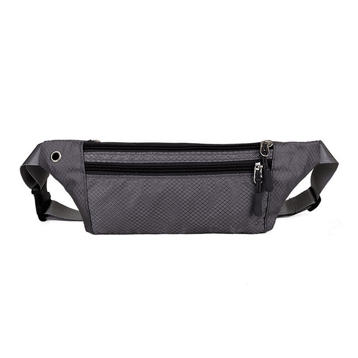 Gray waterproof waist pack with headphone port and secure zip pockets for phone, cash and passport