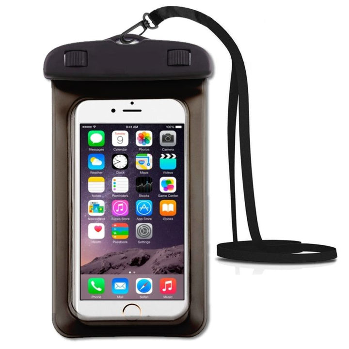 Black IPX8 waterproof phone bag pouch with lanyard, protects phone, cash and cards for water sports