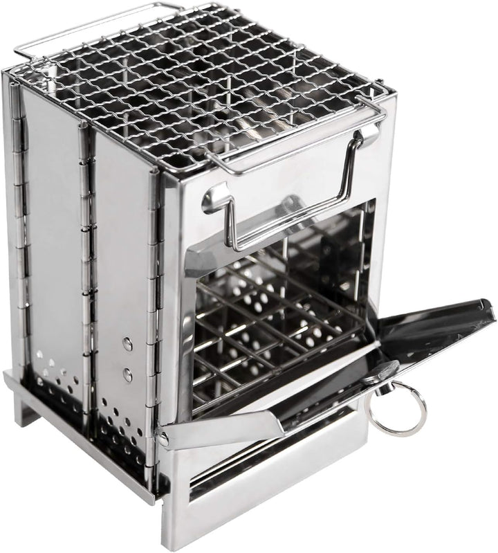 Stainless steel folding wood burning camp stove with grill top in use outdoors