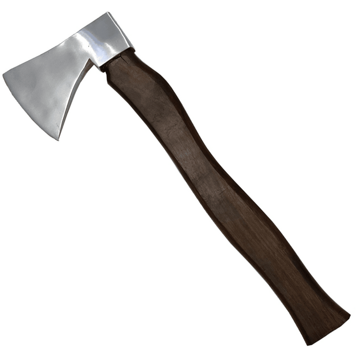 Closeup of mirror-polished carbon-steel axe bit and flat hammer butt