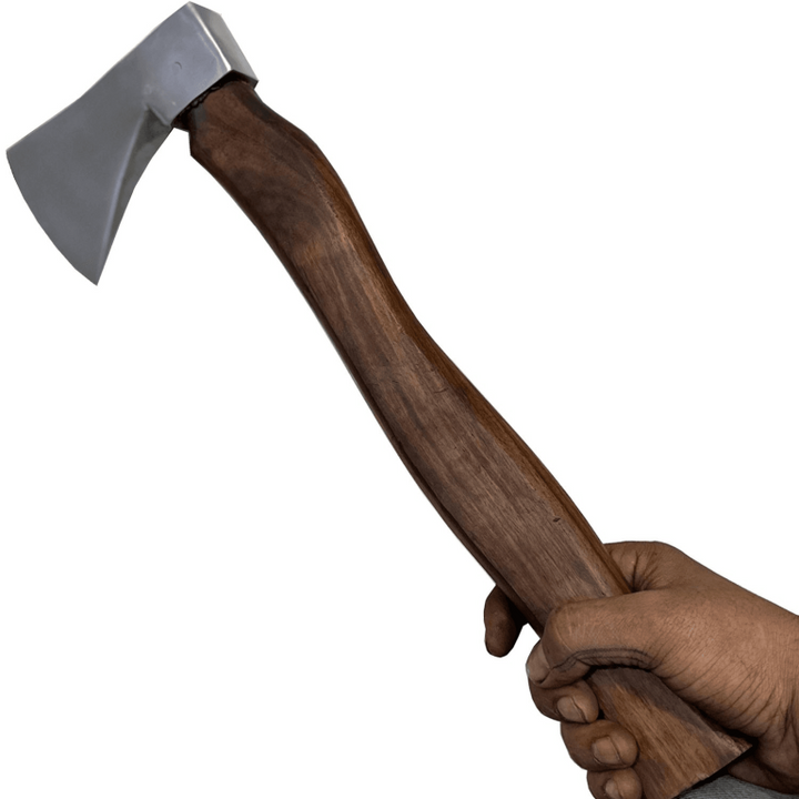 Hand-forged 17-inch camping hatchet with mirror-polished carbon-steel head and ergonomic hardwood handle