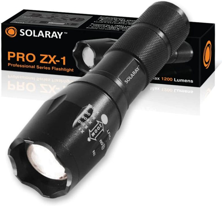 ZX-1 pocket-size tactical flashlight with retail box; 5 modes and zoom focus for home, camping and emergency kits