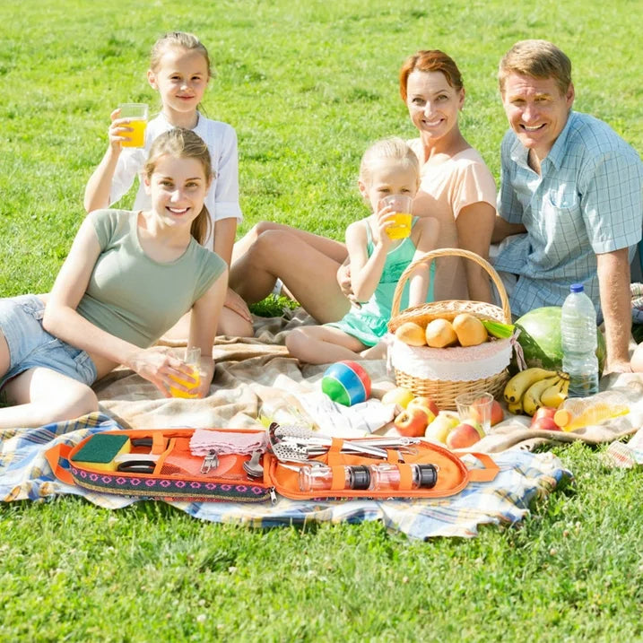 Family having a picnic on a grassy field
