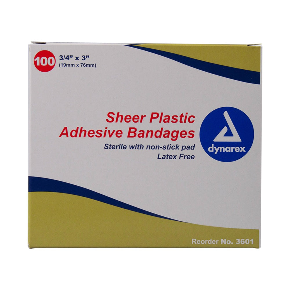 Sheer Plastic Adhesive Bandages  Sterile, 3/4" x 3", Box of 100