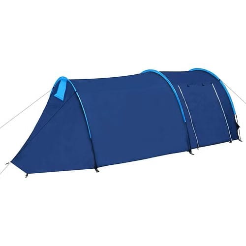 Side profile of 4-person tunnel tent showing aerodynamic shape and dual pole arches for stability