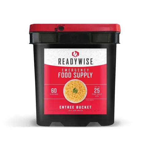 60-Serving Entrée-Only emergency food bucket with 25-year shelf life