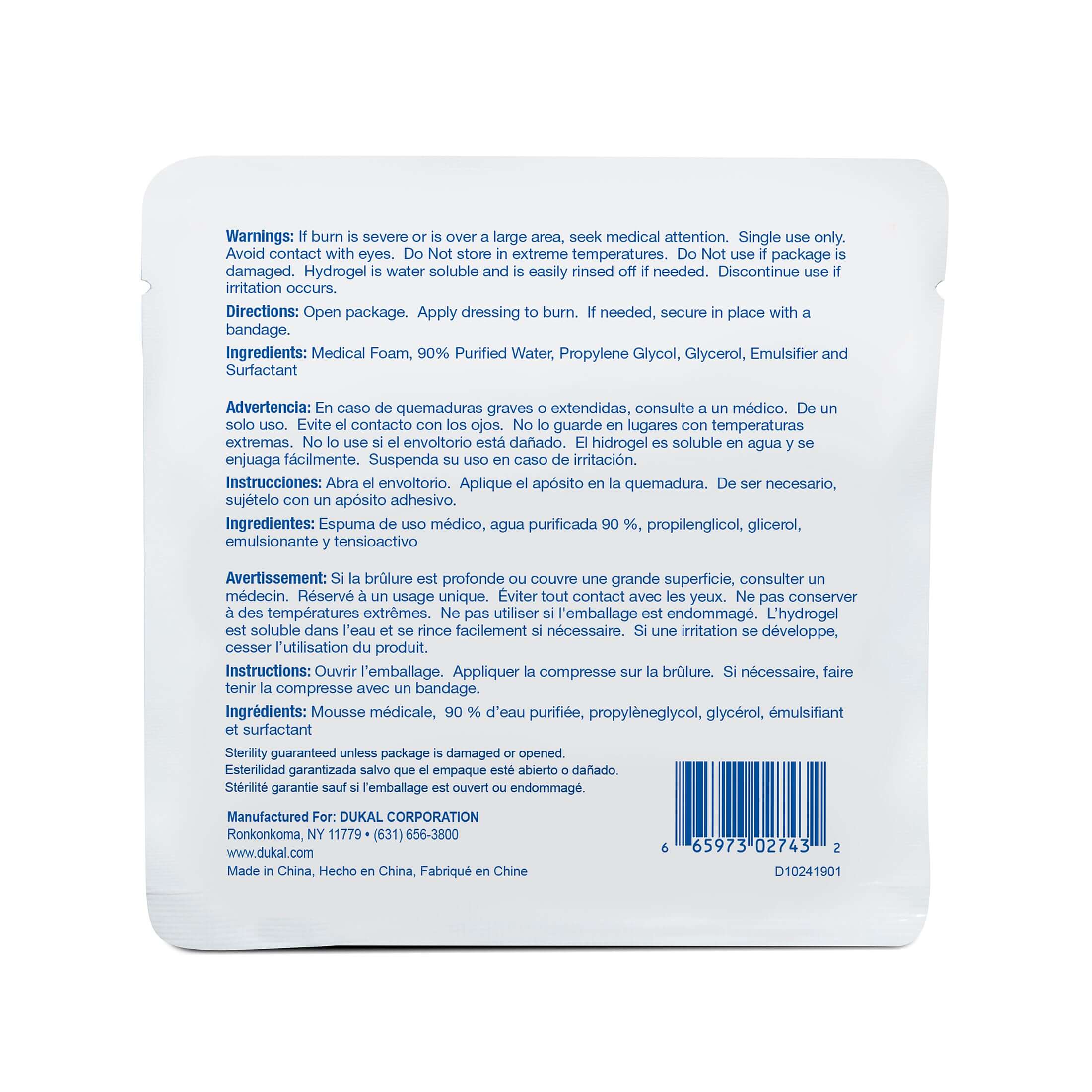 Apósito estéril para quemaduras de 4" x 4", Dukal, 7007102