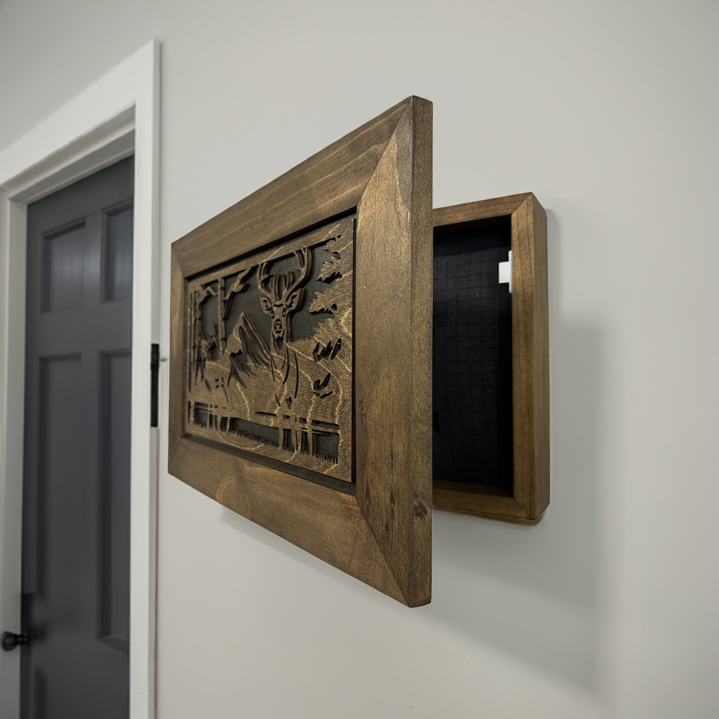 Buck and Doe in The Woods Gun Concealment Furniture - Handcrafted Hidden Gun Storage Wall Decor - Hidden Gun Shelf with Magnetic Lock for Quick Access