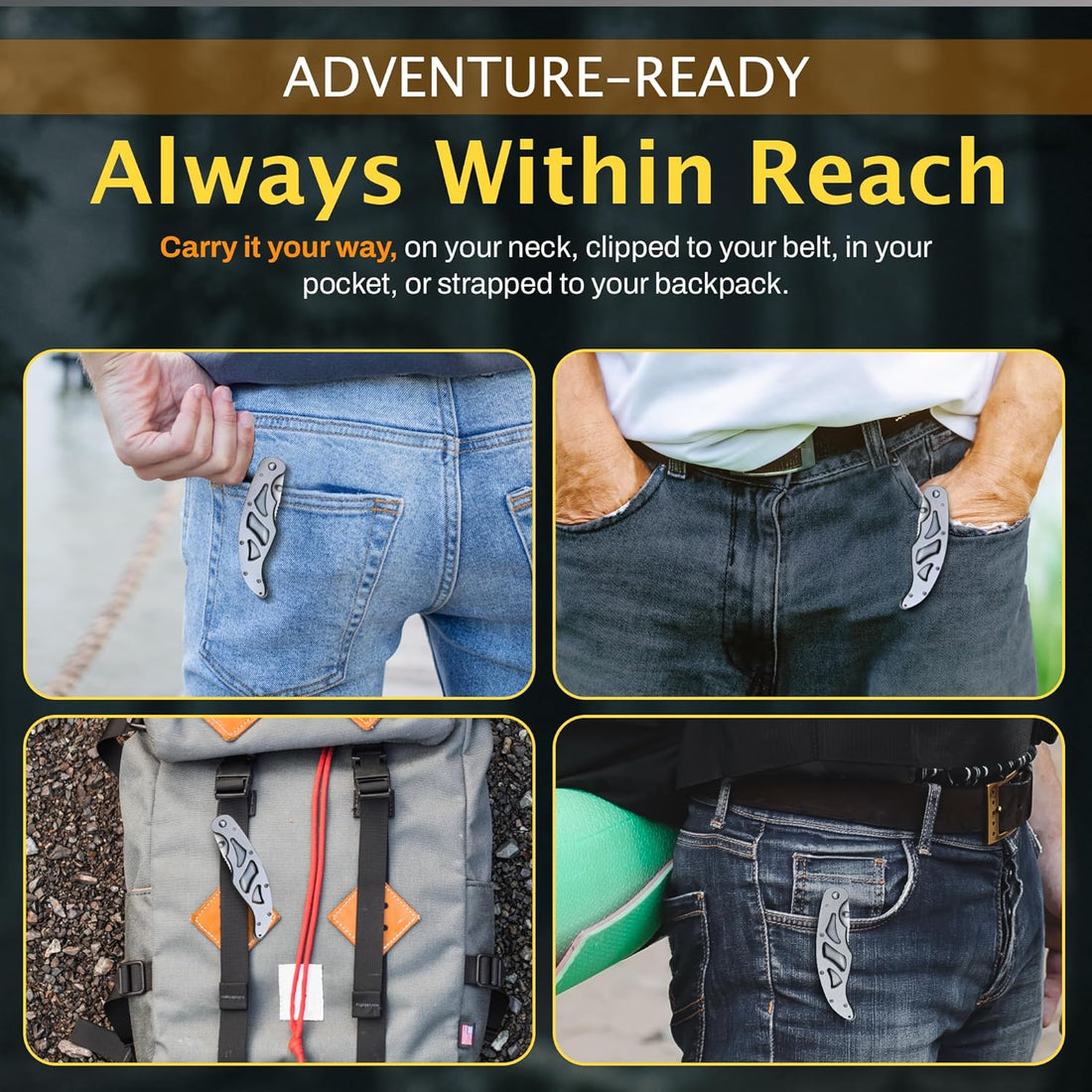 Product being worn on various parts of the body with text 'Adventure-Ready Always Within Reach'.