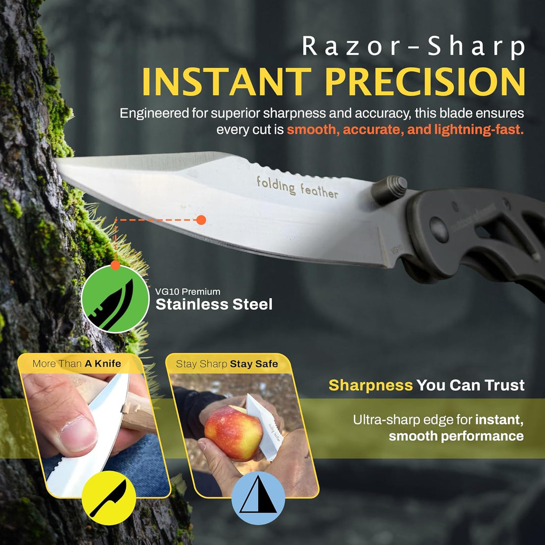 Folding knife with text highlighting features like 'Razor-Sharp Instant Precision' and 'V010 Premium Stainless Steel'.