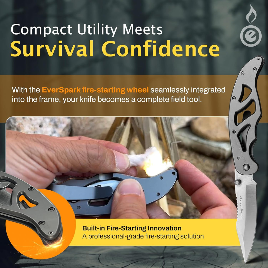 Knife with integrated fire-starting wheel and text about survival confidence and built-in innovation.
