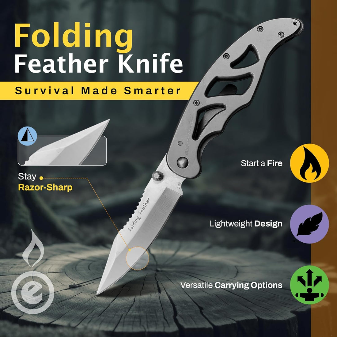 Folding Feather – VG10 EDC Pocketknife w/ EverSpark Fire Starter