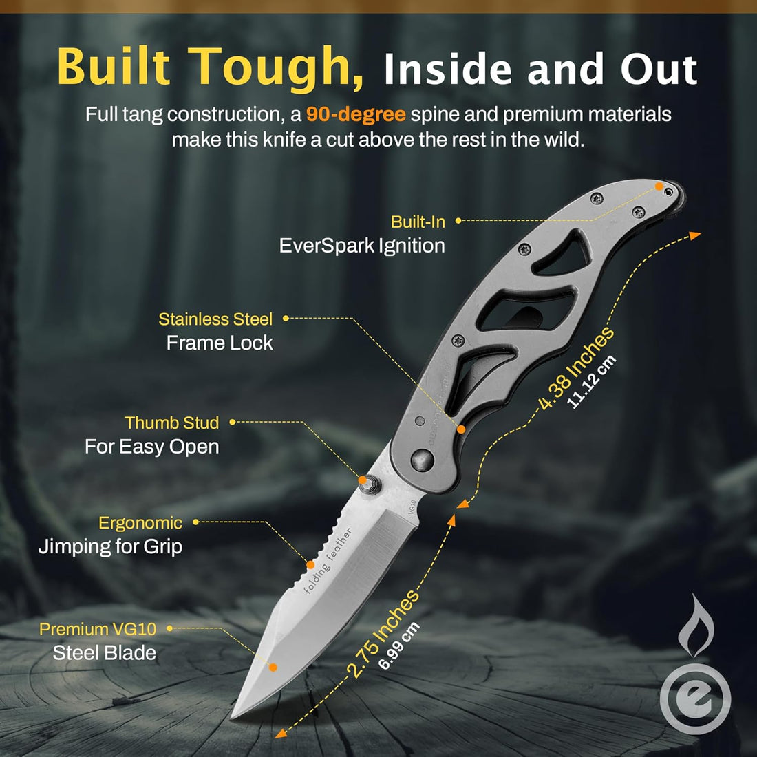 Folding knife with features highlighted on a dark background