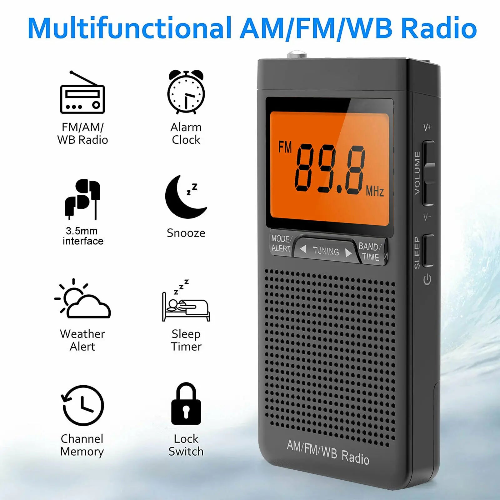 Radio Portable AM FM Radio Mini Emergency Handheld Pocket Built-in Speaker Weather Radio Station With Headphone Jack Alarm Clock
