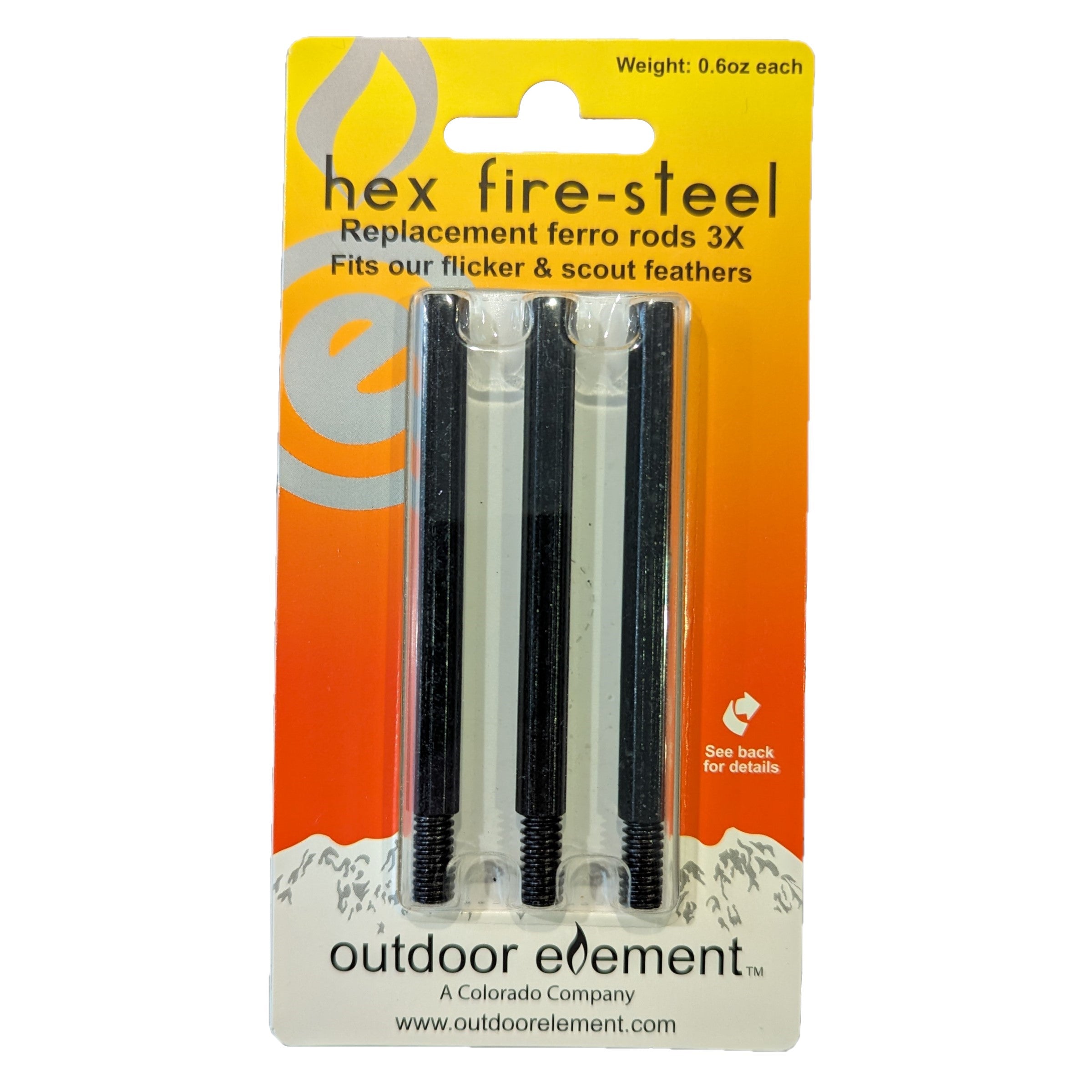 Hex Fire - Steel Replacement 3pk Ferro Rods for Scout and Flicker Feather Knives - BSG