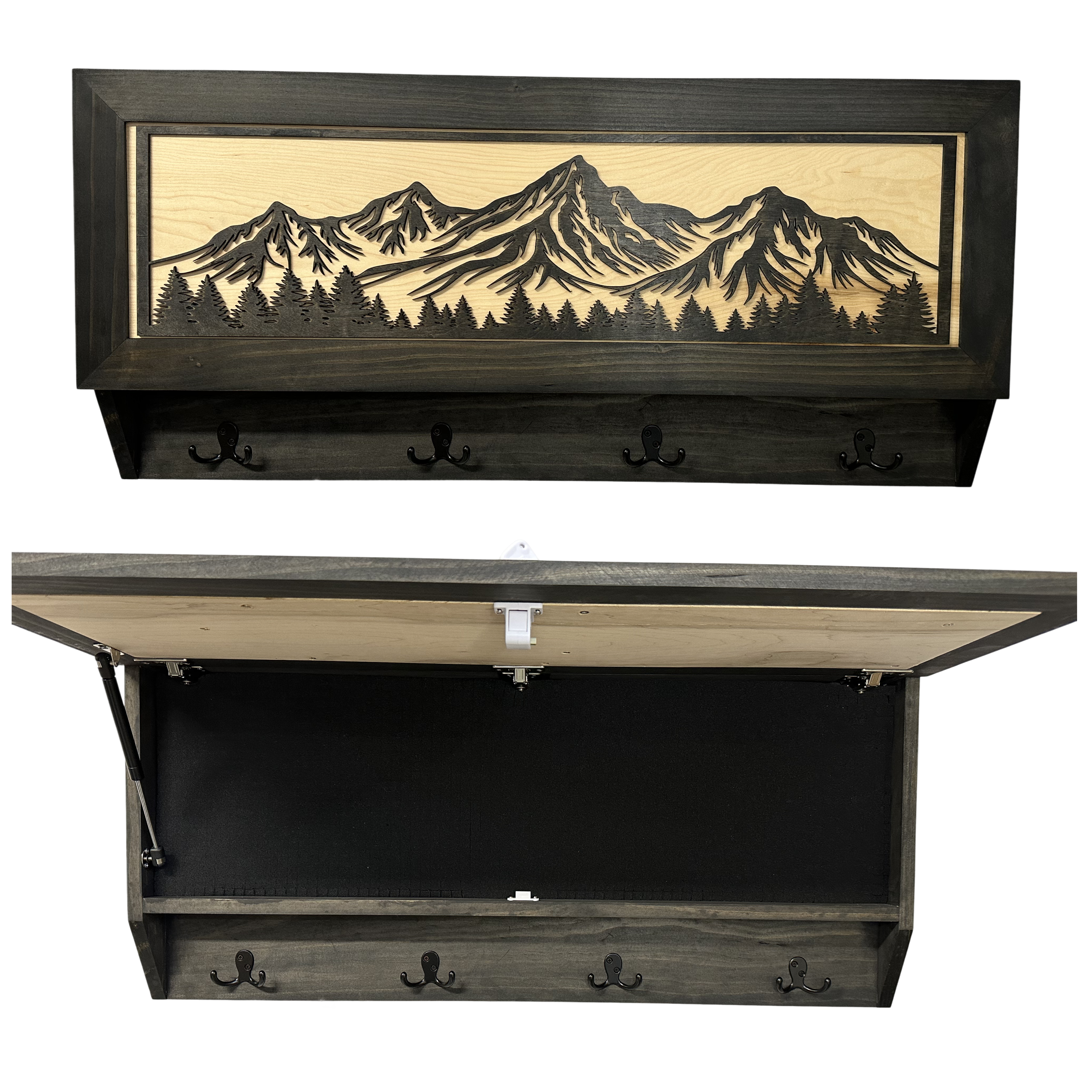 Mountain & Tree Wooden Coat Rack with Hidden Gun Storage Compartment