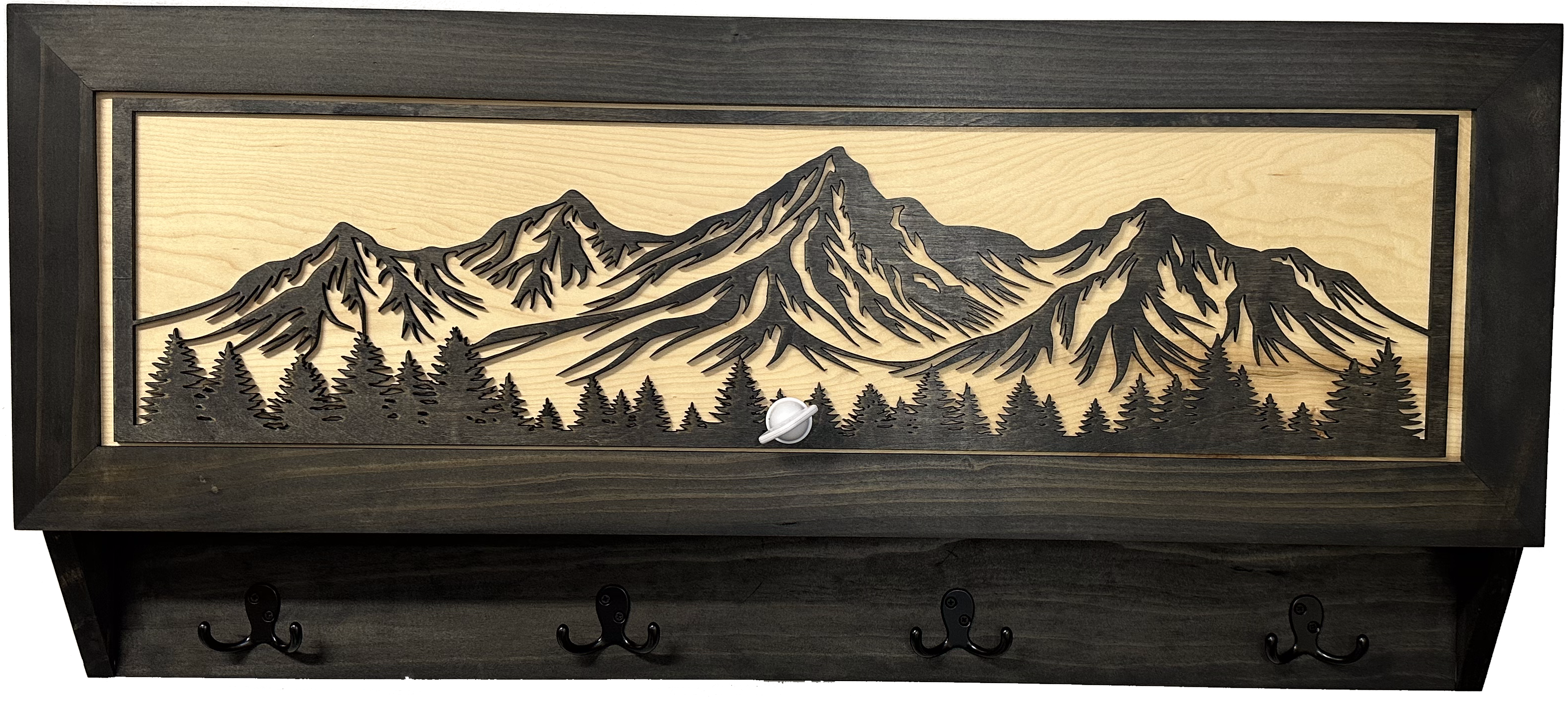 Mountain & Tree Wooden Coat Rack with Hidden Gun Storage Compartment