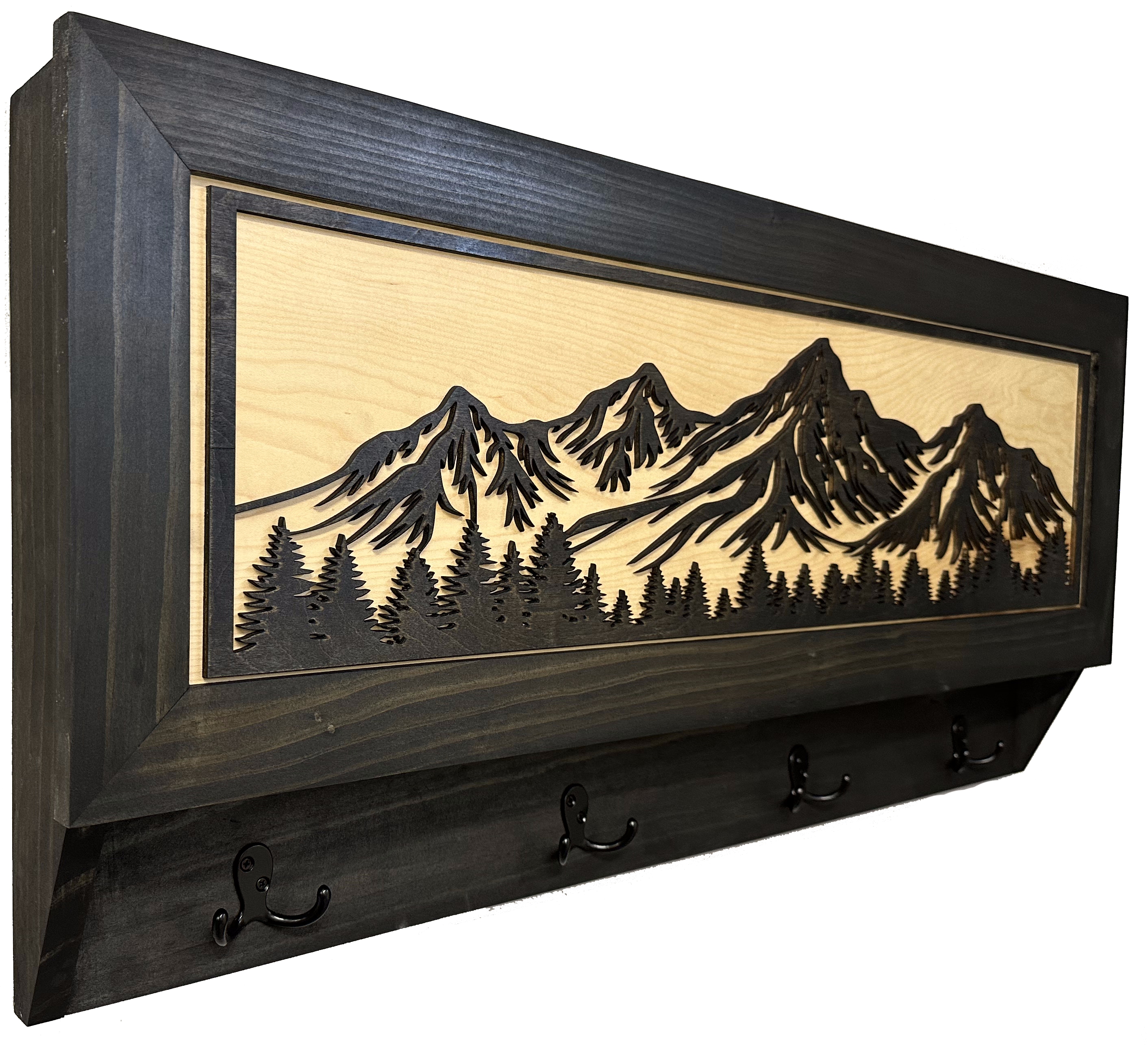 Mountain & Tree Wooden Coat Rack with Hidden Gun Storage Compartment